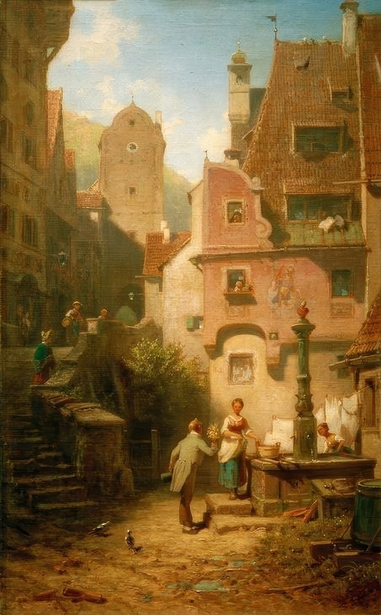 Gratulant überreicht Blumenbouquet (Der ewige Hochzeiter) tekijältä Carl Spitzweg