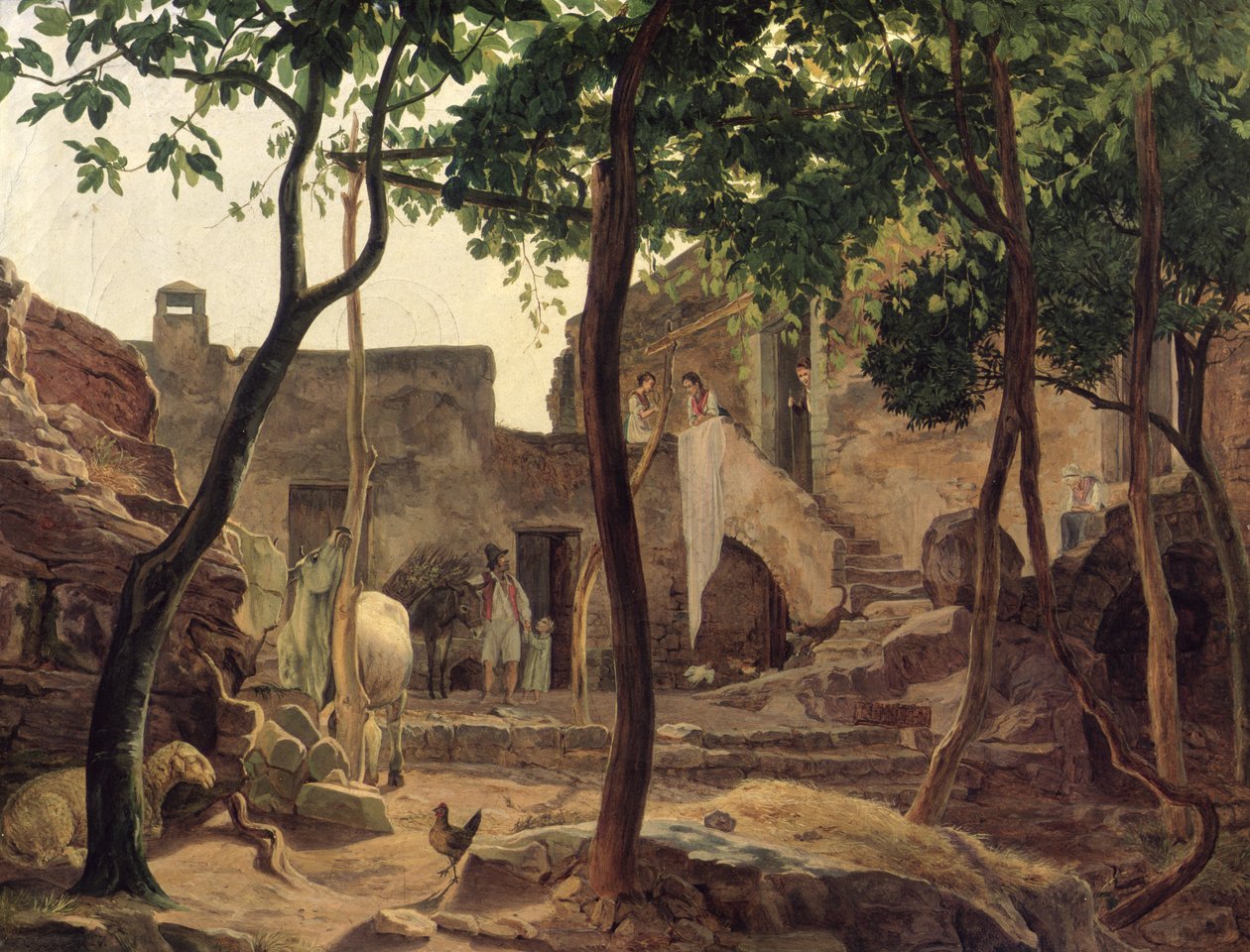 Maatilan piha Sorrenton lähellä, 1827 tekijältä Carl Wilhelm Goetzloff