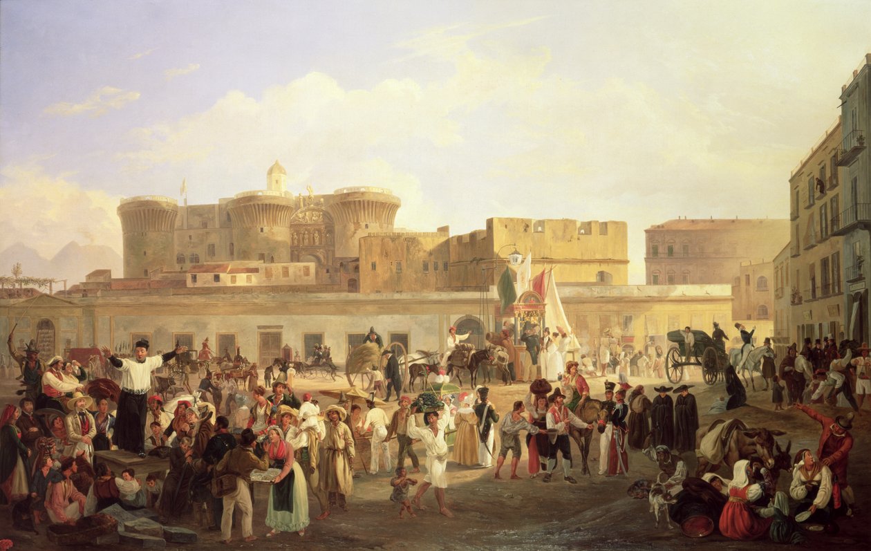 Napolilainen kansanelämä Largo di Castellossa, noin 1850 tekijältä Carl Wilhelm Goetzloff