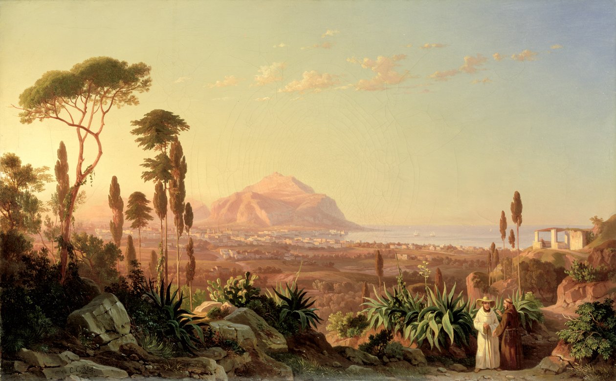 Palermo ja Pellegrino-vuori, noin 1850 tekijältä Carl Wilhelm Goetzloff