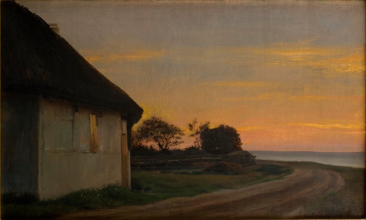 Ilta maisema talo ja puutarha meren rannalla. Ellekilde tekijältä Carl Heinrich Bloch