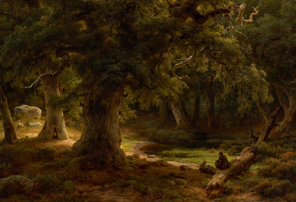 Tammimetsä lepäävän metsästäjän kanssa tekijältä Carl Friedrich Lessing