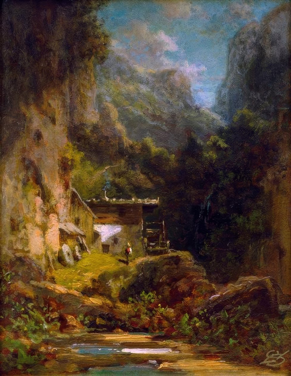 Mühle in Waldschlucht mit einer Figur tekijältä Carl Spitzweg