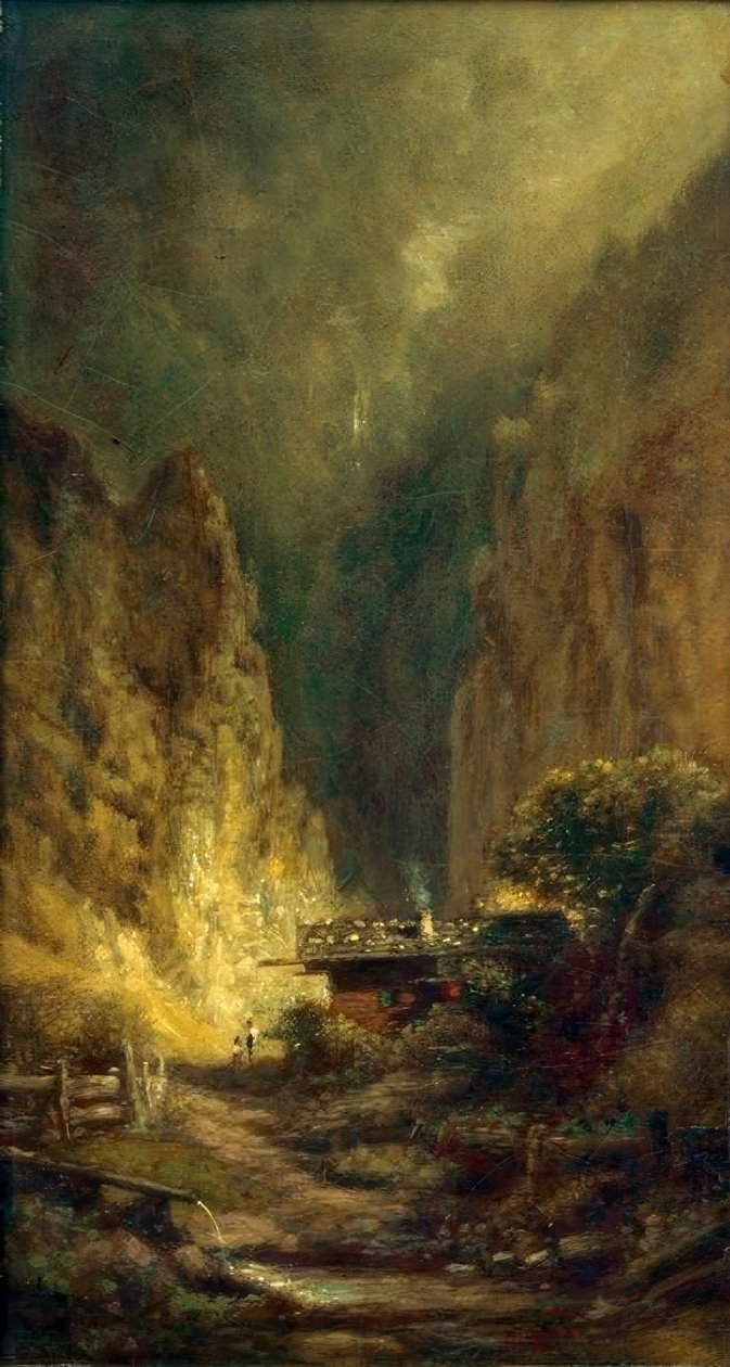 Mühle vor Felsenschlucht mit zwei Figuren tekijältä Carl Spitzweg