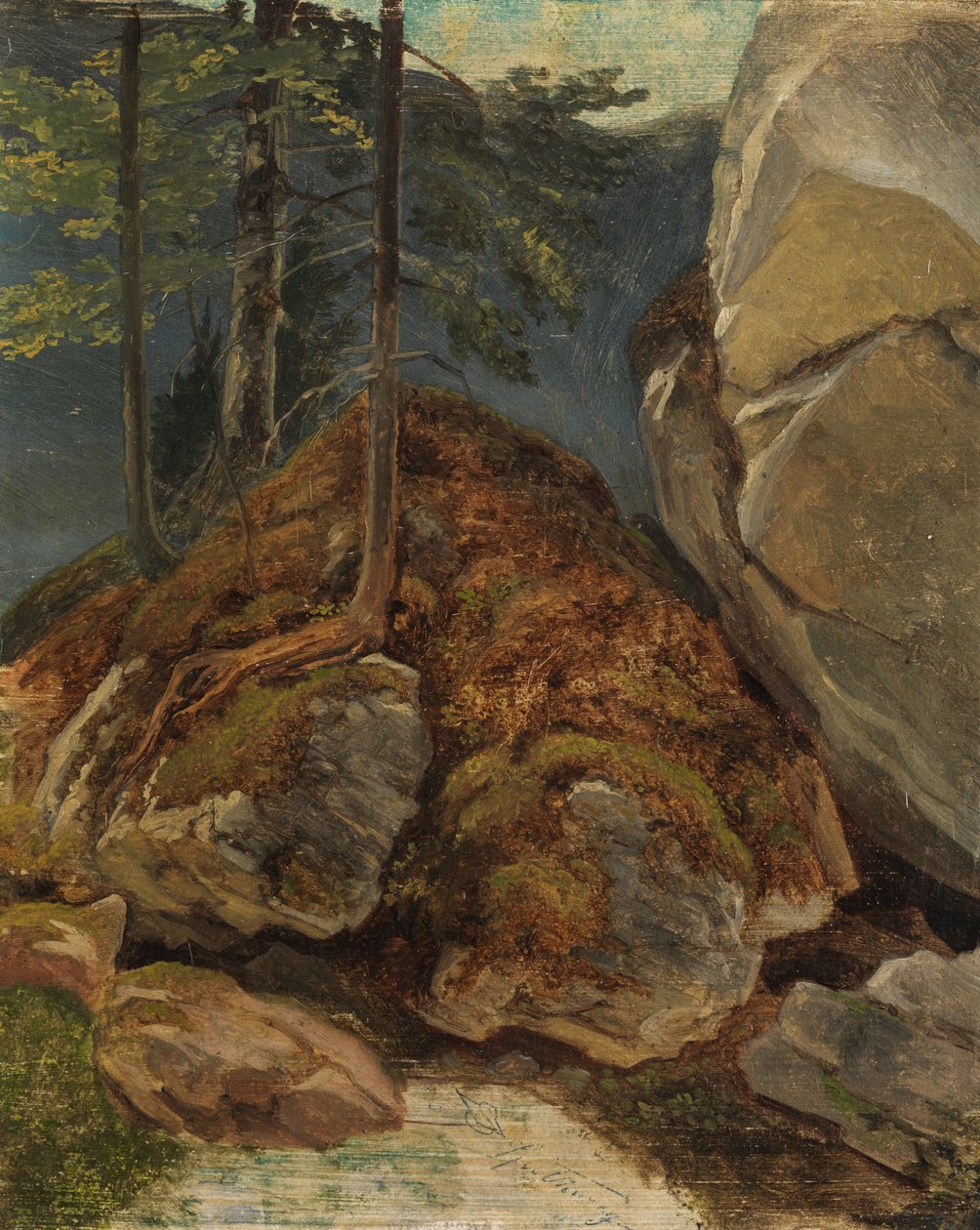 Ölstudie mit moosbewachsenem Felsen tekijältä Carl Spitzweg