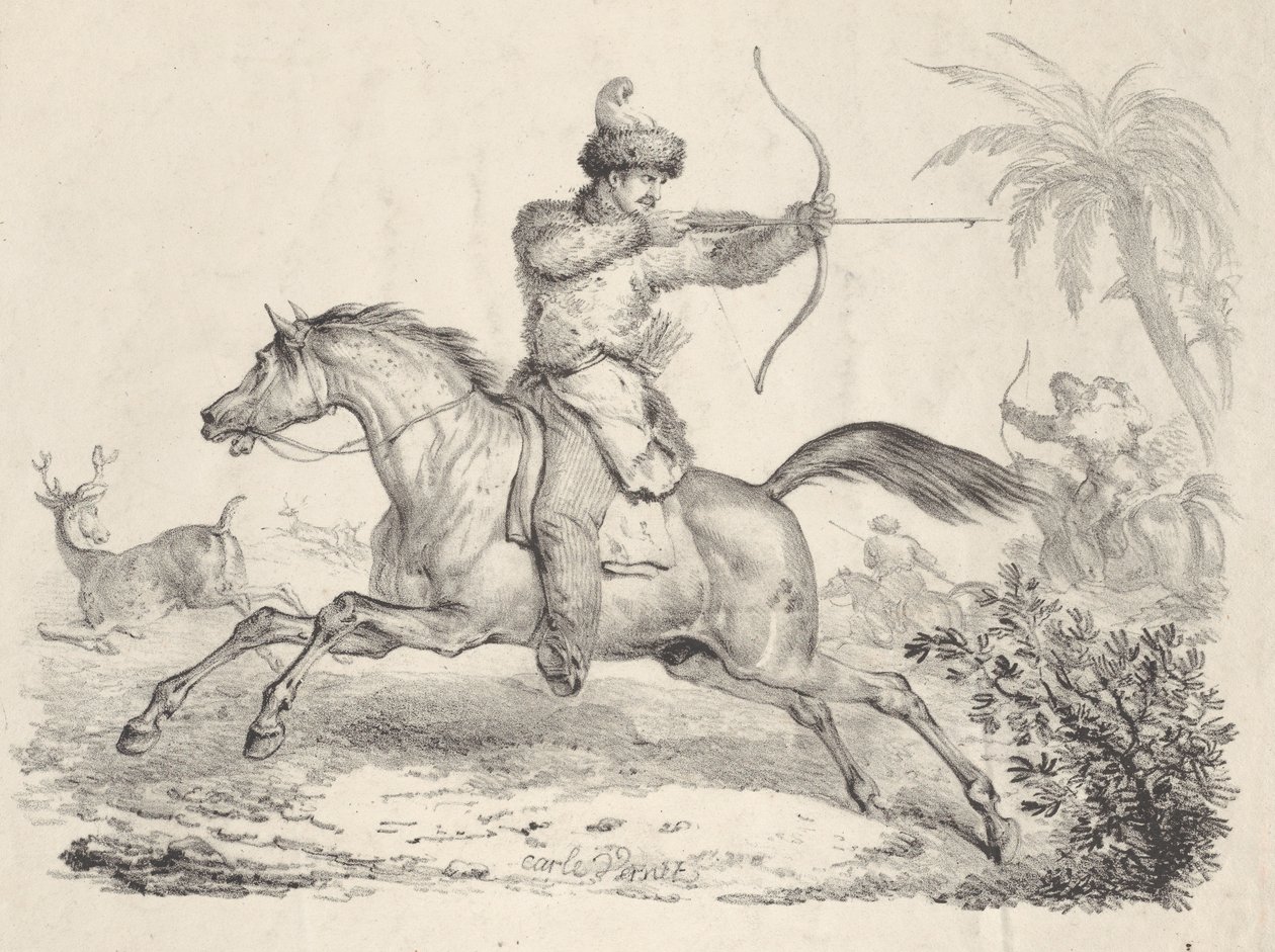 Kasakat hevosen selässä metsästävät peuroja, 1821-36. tekijältä Carle Vernet