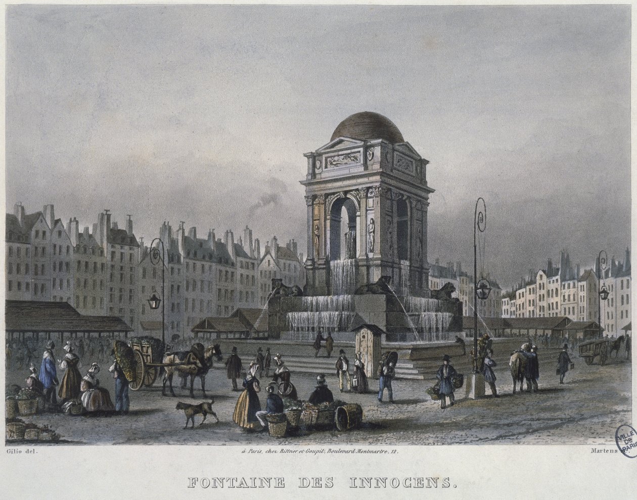 The Fountain of the Innocents, Paris, kaiverrus Frederic Martens (1809-75) 1832 (värikaiverrus) tekijältä Carlo Gilio