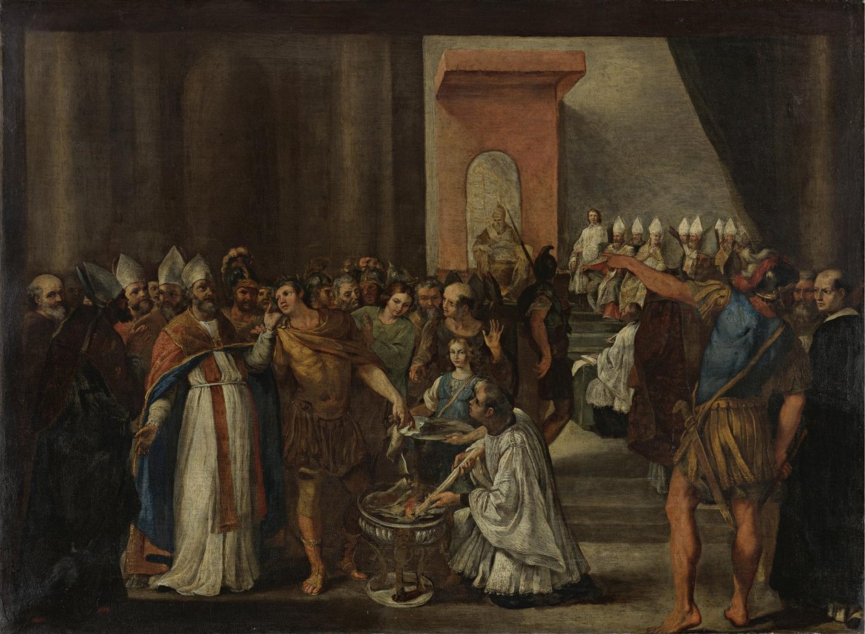 Keisari Konstantinus polttaa ariaanisia kirjoja, 1640-luku tekijältä Carlo Magnone