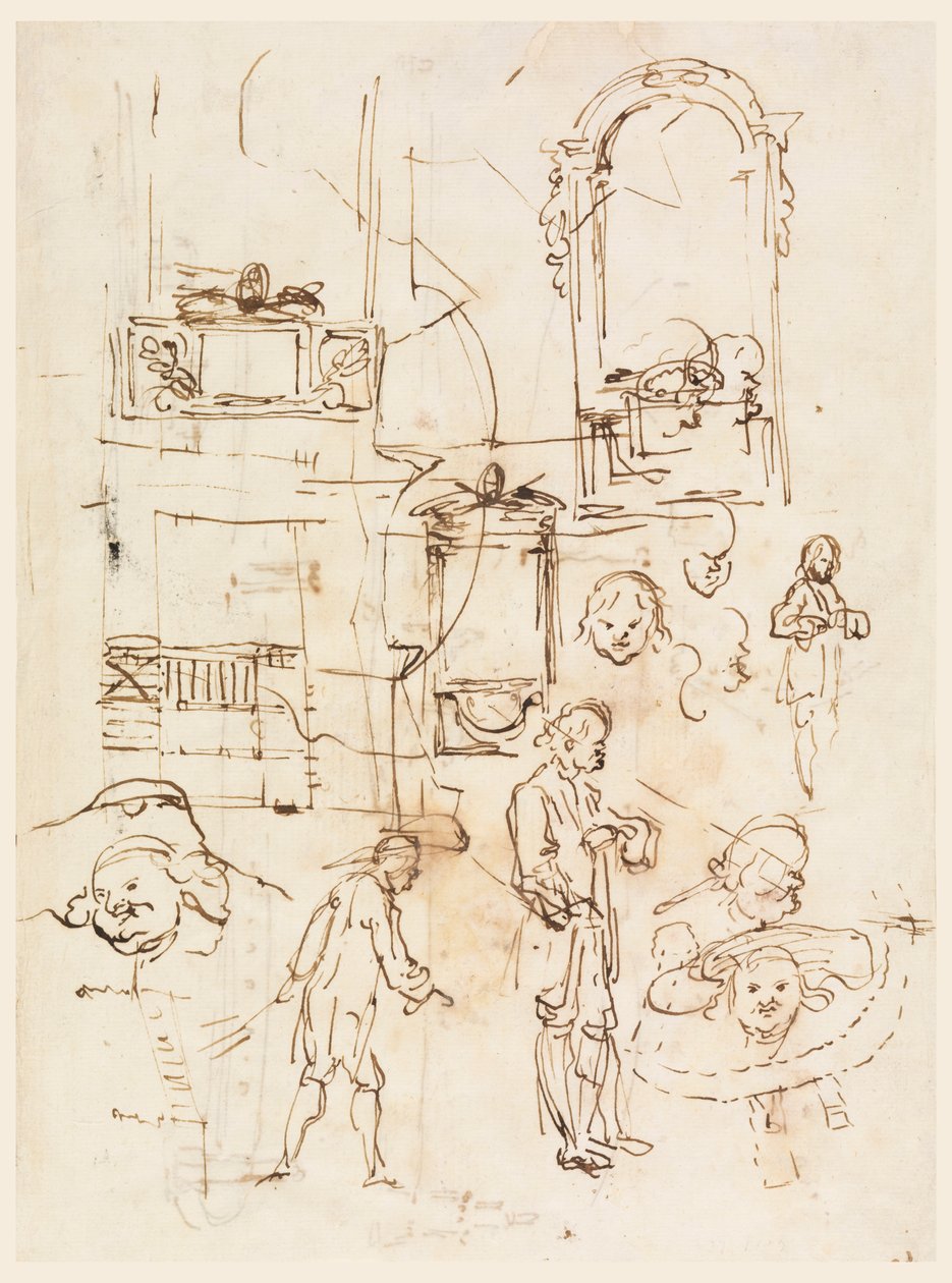 Piirustus, arkkitehtuuri- ja hahmoluonnoksia, n. 1760. tekijältä Carlo Marchionni