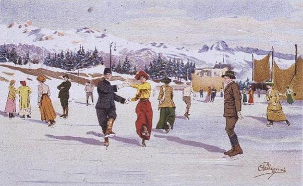 Luistelijat jääradalla (väri litho) tekijältä Carlo Pellegrini