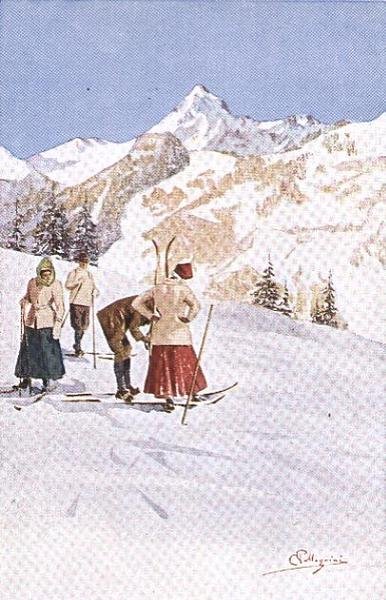 Hiihtäjät pysähtyvät rinteillä (väri litho) tekijältä Carlo Pellegrini