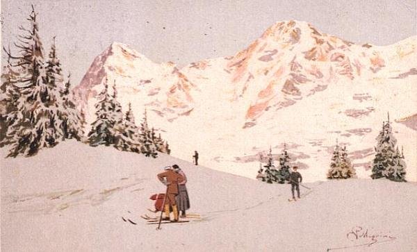 Lumimaisema Wengenissä (väri litho) tekijältä Carlo Pellegrini