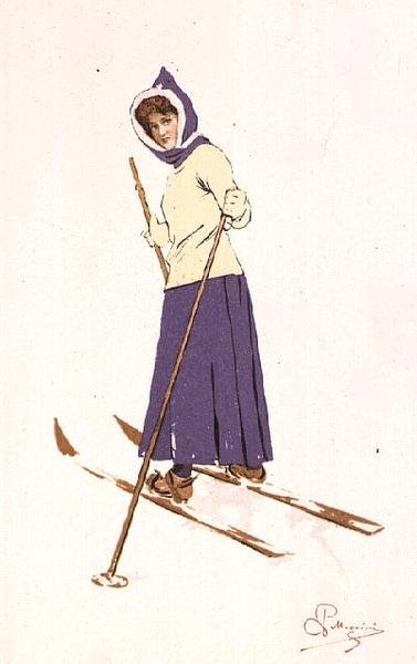 Nainen kääntyy suksilla (väri litho) tekijältä Carlo Pellegrini