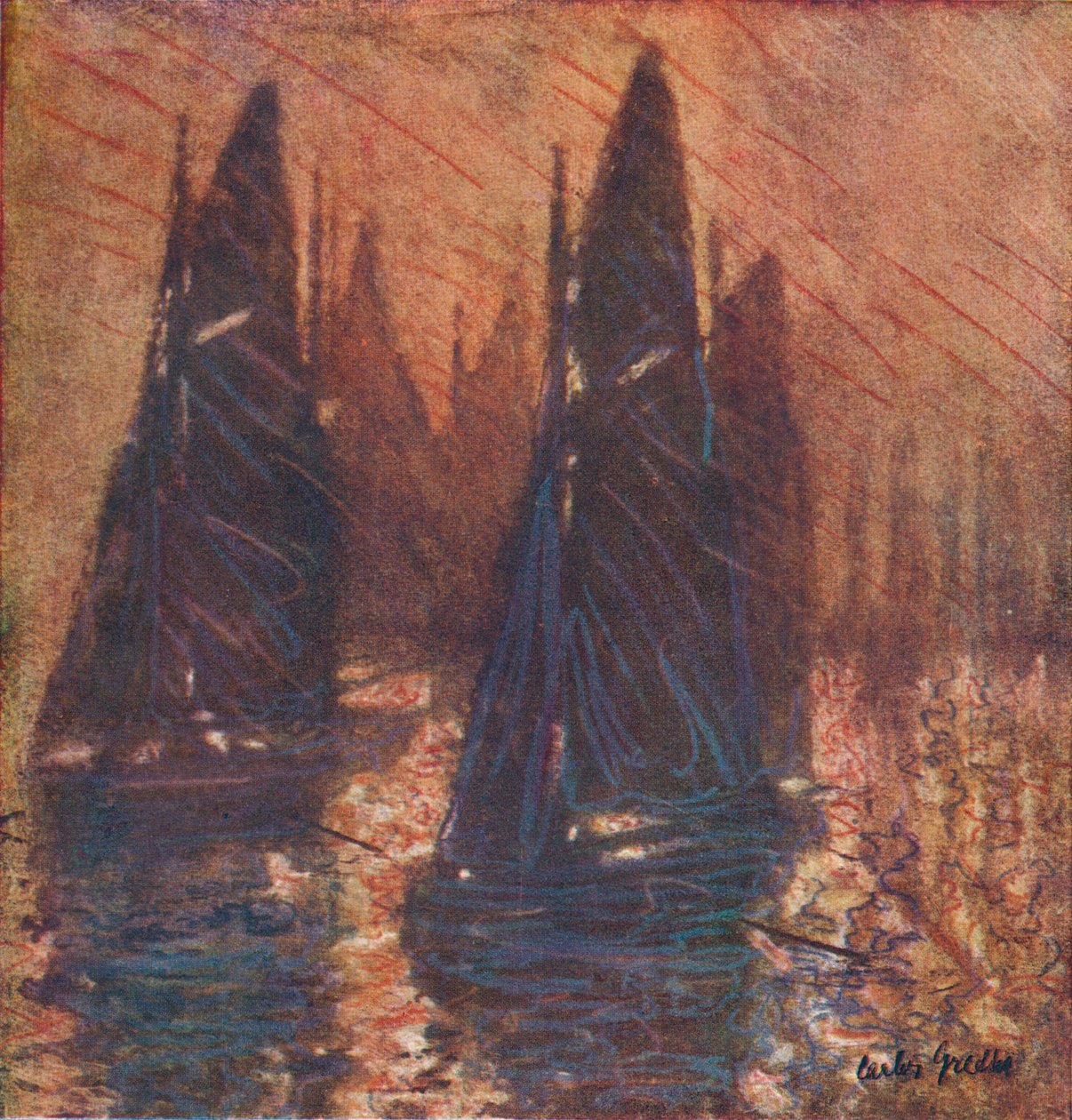 Kalastusveneet sumussa, c1913. tekijältä Carlos Grethe