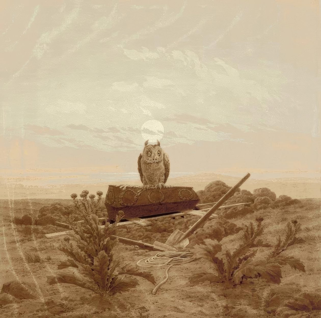 Landschaft mit Grab, Sarg und Eule tekijältä Caspar David Friedrich