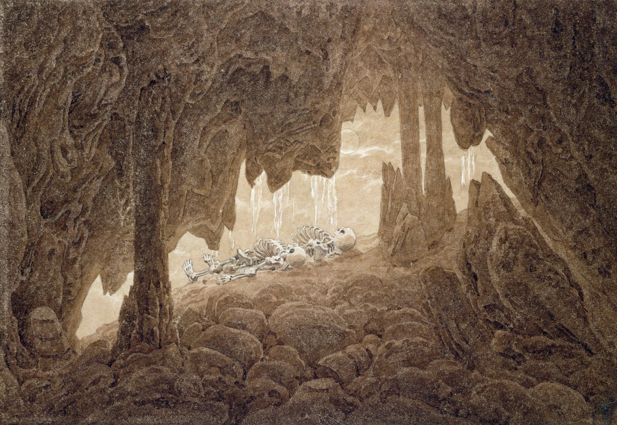 Luuranko luolassa (seepiamuste ja kynä paperilla) tekijältä Caspar David Friedrich