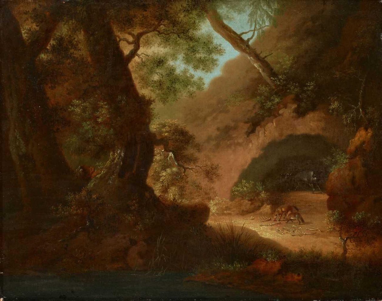 Wölfe im Wald vor einer Höhle tekijältä Caspar David Friedrich