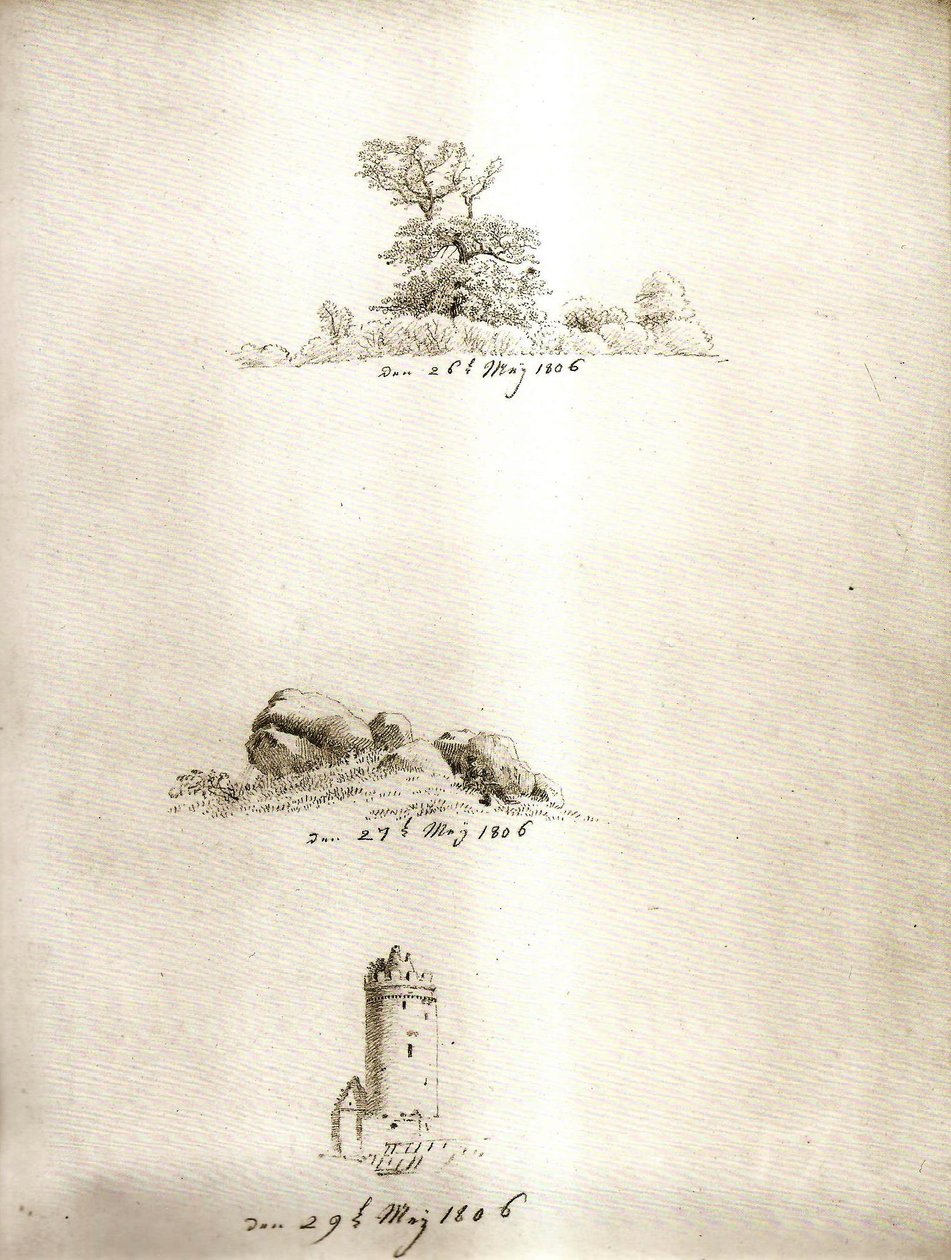 Puu, korsu ja torni tekijältä Caspar David Friedrich