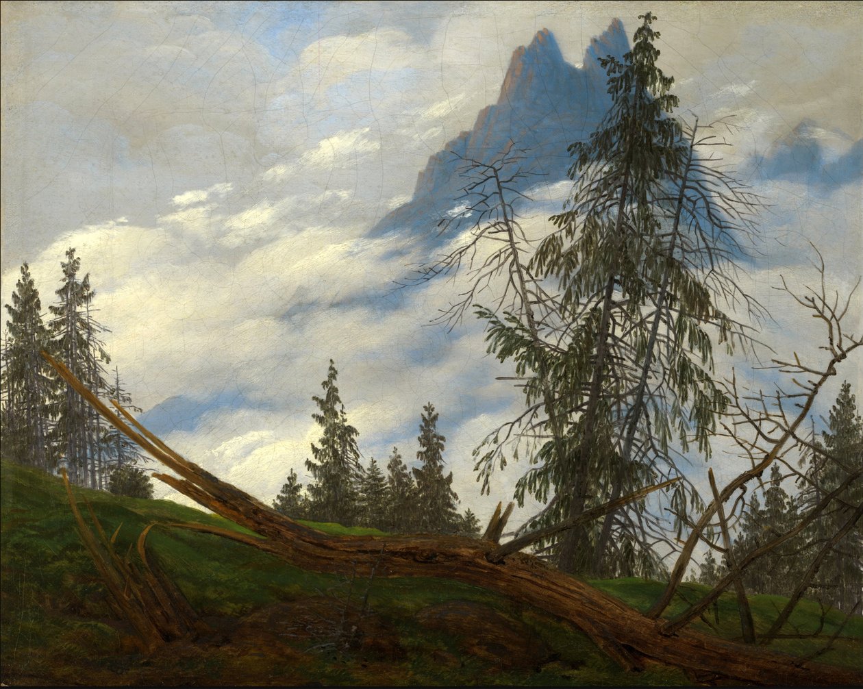 Vuorenhuippu ja ajelehtivia pilviä tekijältä Caspar David Friedrich