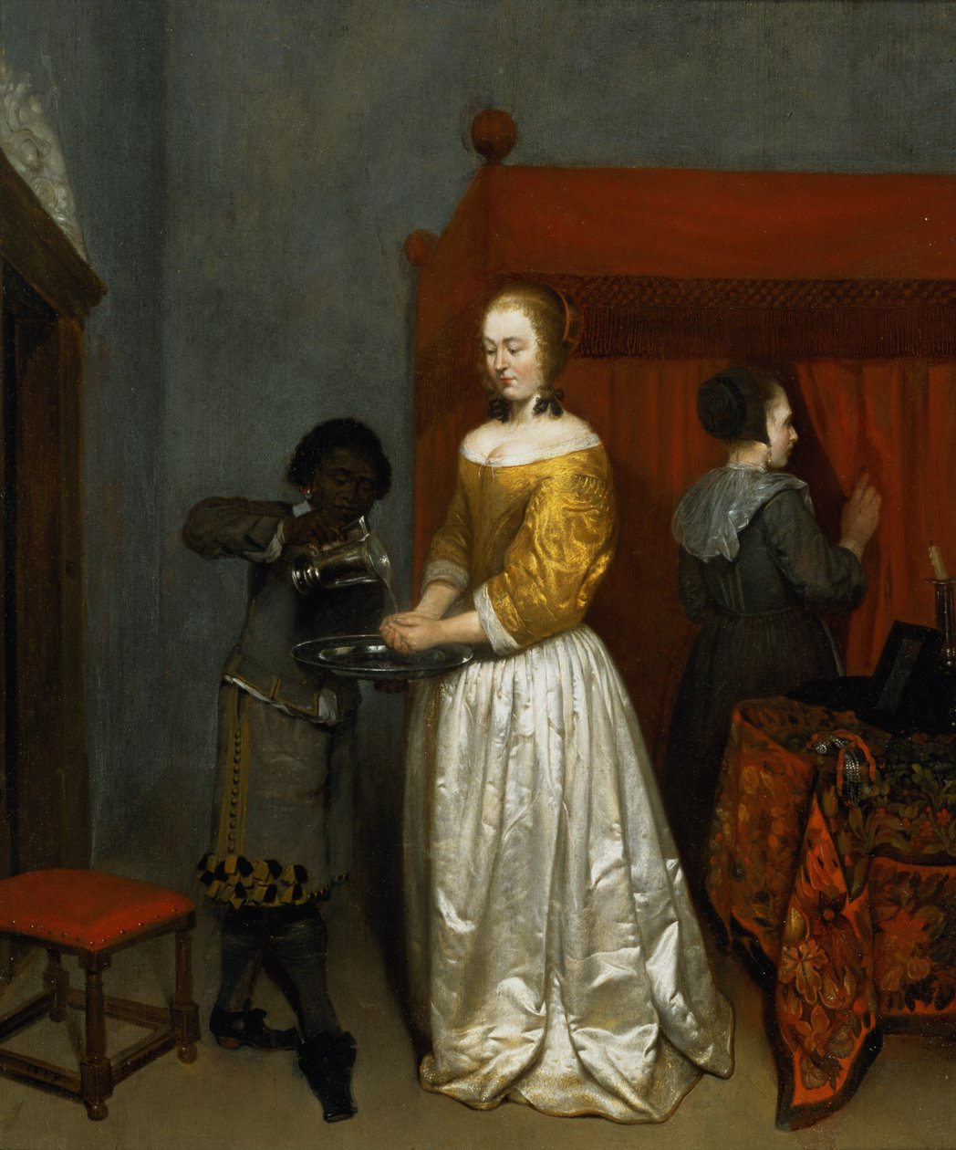 Nainen pesemässä käsiään, 1657 (paneeli) tekijältä Caspar Netscher