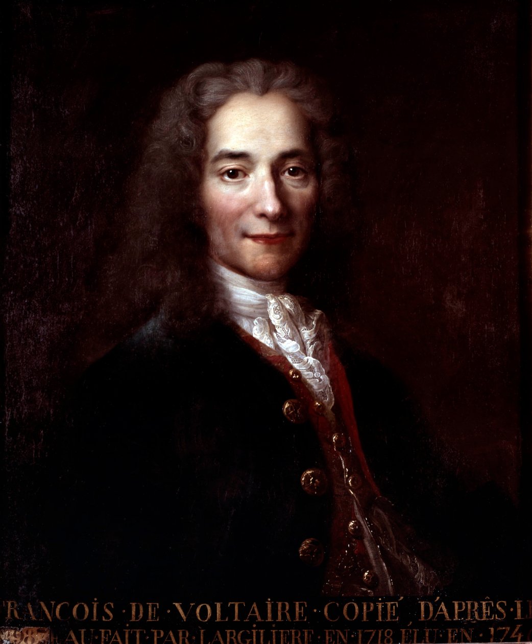 Voltaire, kopio Nicolas de Largillieren öljymaalauksen jälkeen kankaalle tekijältä Catherine Lusurier