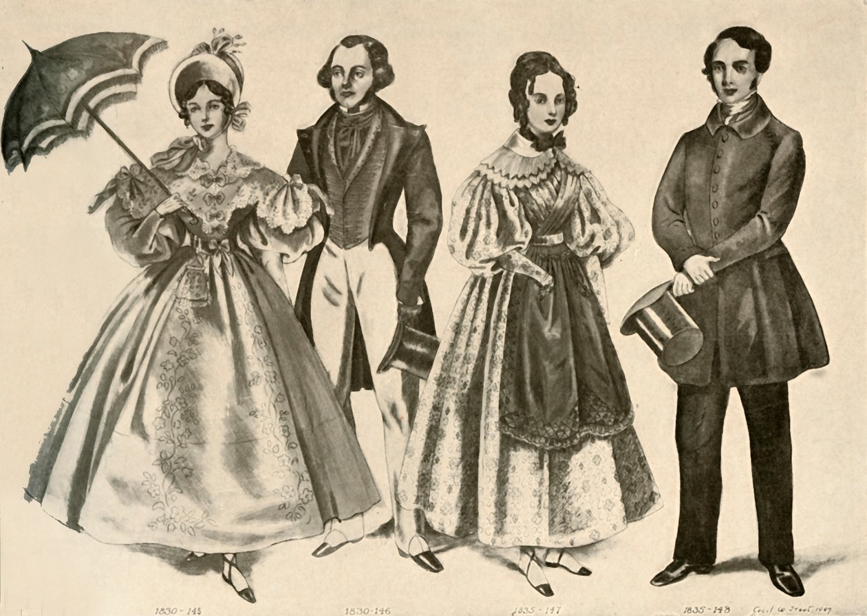 Vaatteet vuosilta 1824-1835, 1907, 1937. tekijältä Cecil W. Trout
