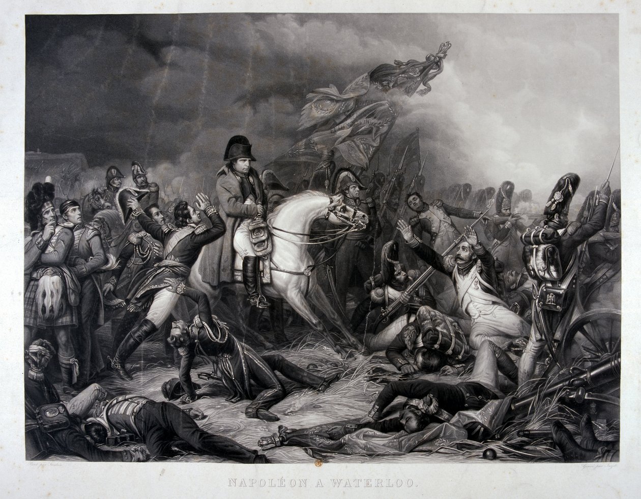 Napoleon at Waterloo, kaiverrus Jean Pierre Marie Jazet (1788-1871), n. 1870 (mezzotint) tekijältä Carl von Steuben