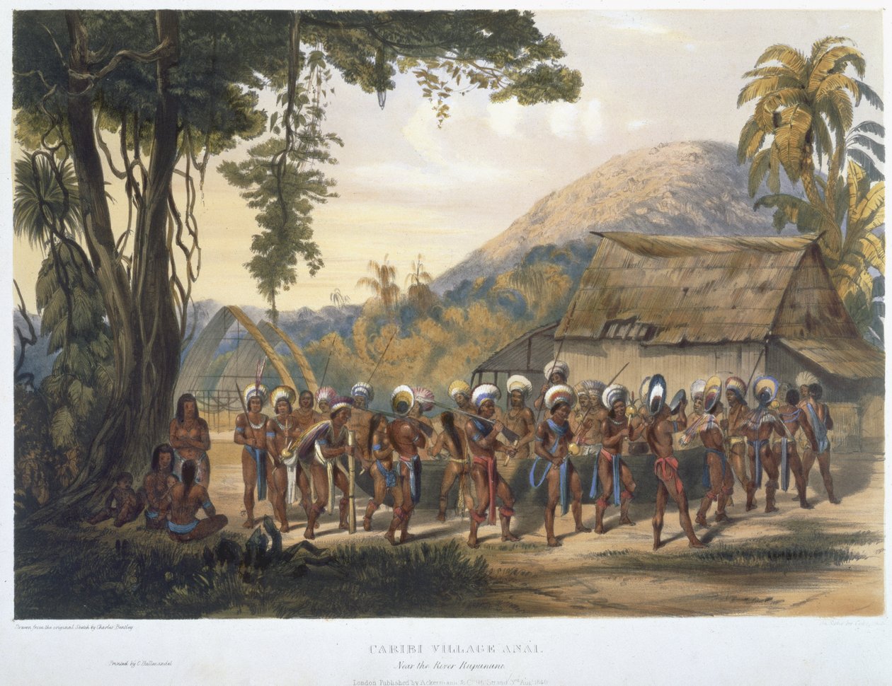 Caribi Village Anai, lähellä Rupununi-jokea, "Näkymät Guayanan sisätiloissa", kaivertanut Coke Smith, pubi. kirjoittanut Ackermann, 1840 tekijältä Charles Bentley