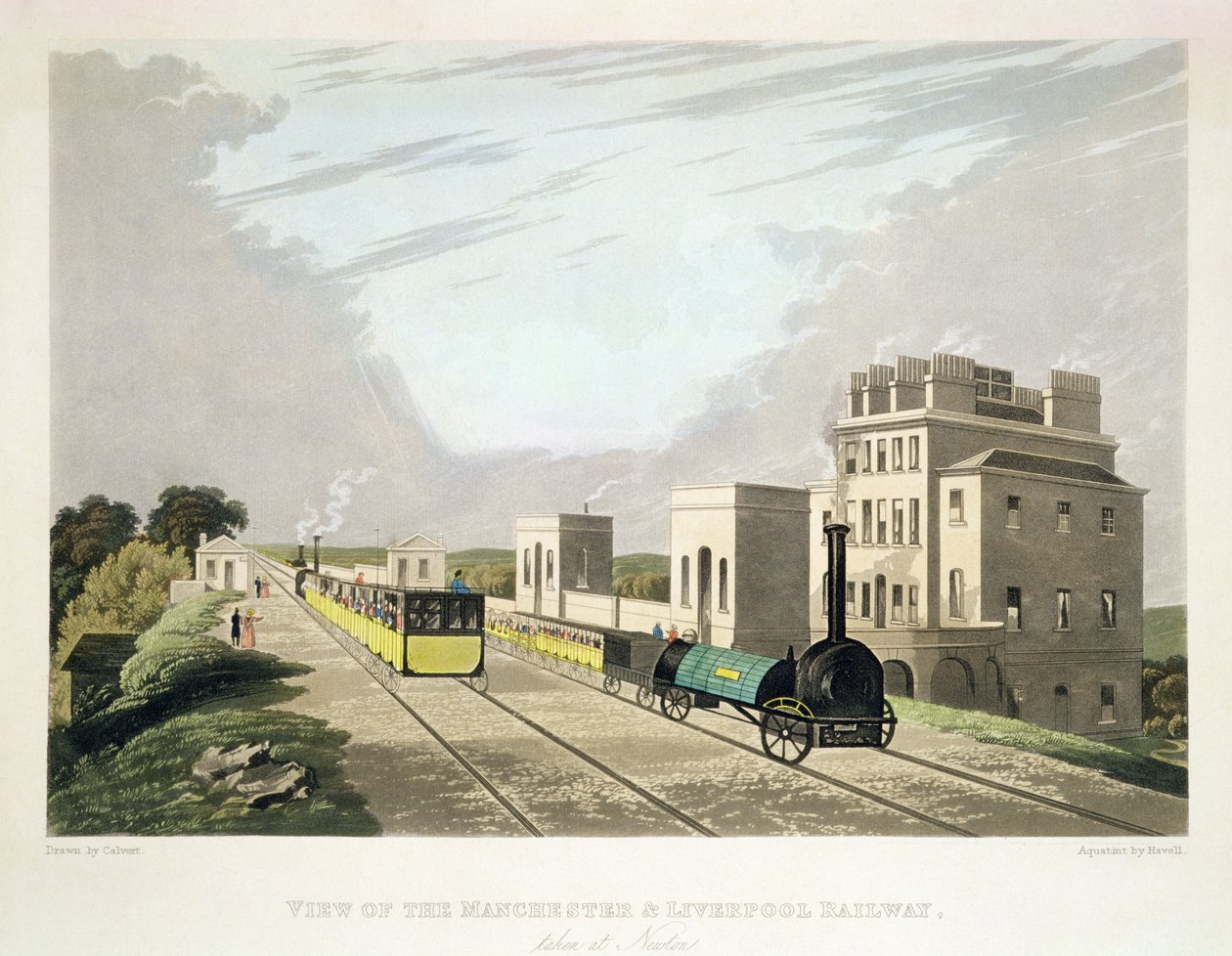 Näkymä Manchesterin ja Liverpoolin rautateiltä, otettu Newtonissa, 1825, kaivertanut Havell (akvatinta) tekijältä Charles Calvert
