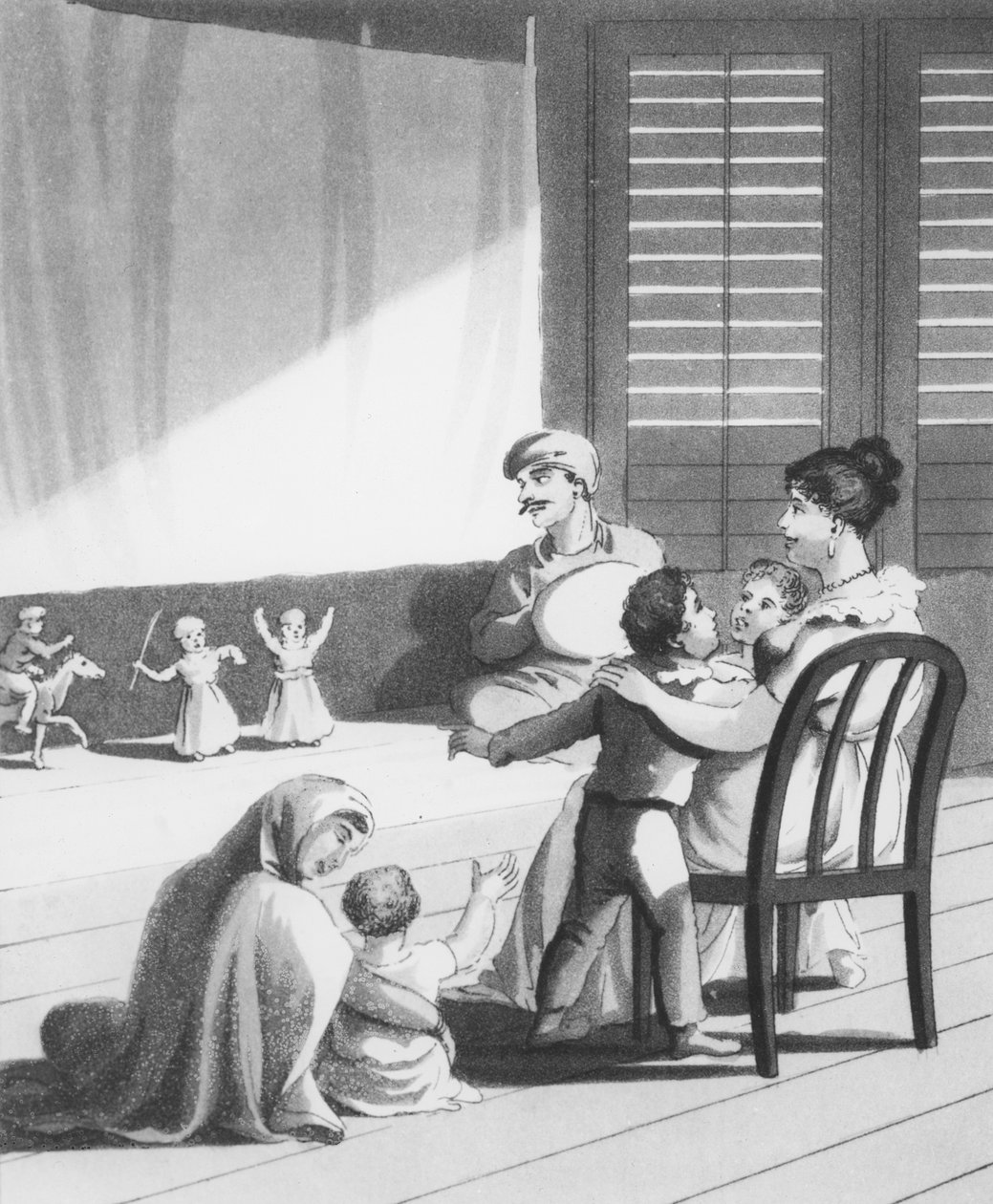 Kaut Pootlies, tai nuket, joita paikalliset jonglöörit esittävät eurooppalaisten lasten huvitukseksi, levy 18 teoksesta "The European in India", 1813 (akvatintta). tekijältä Charles d Oyly
