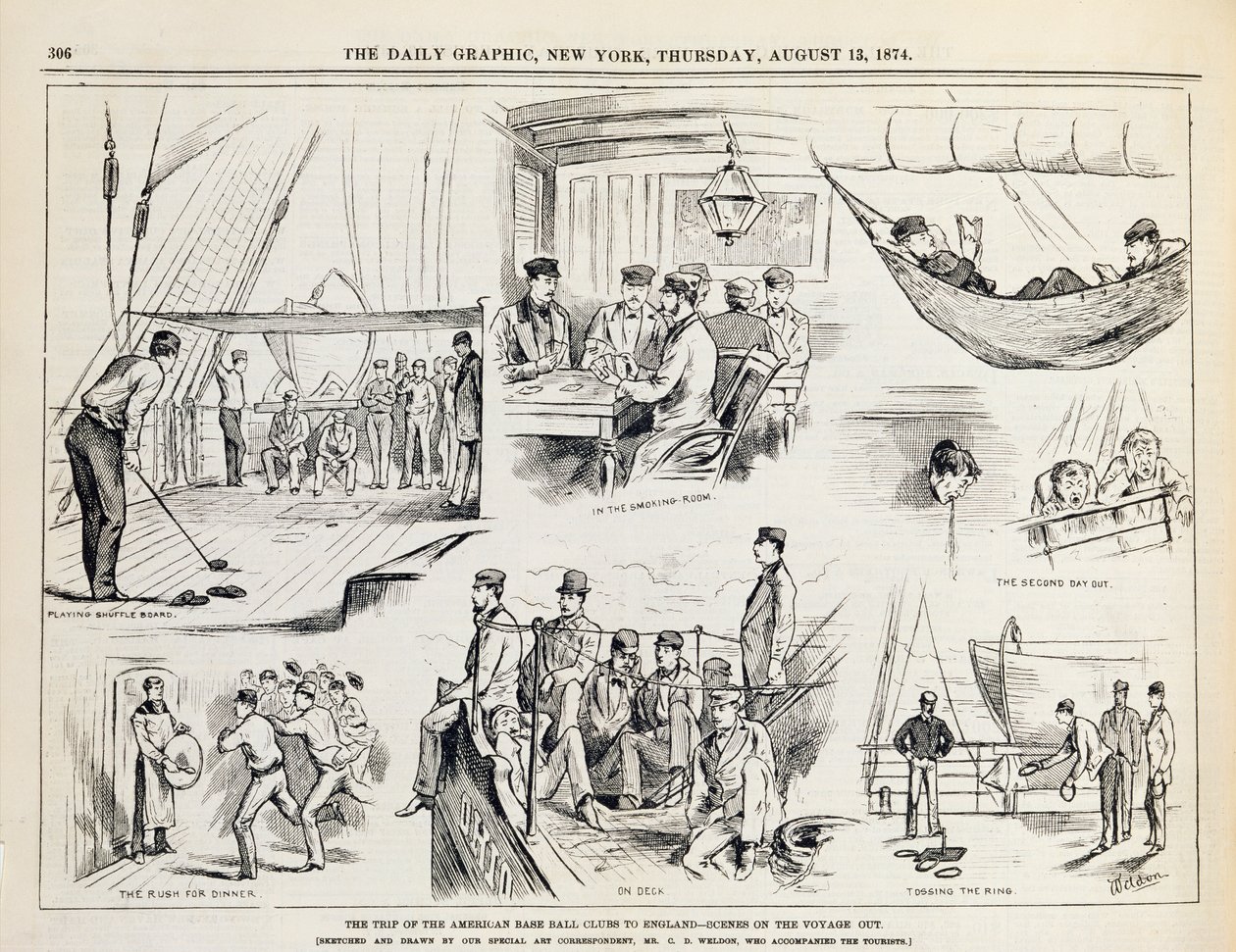 The Trip of the American Baseball Clubs to England (The Voyage Out), julkaistu The New York Daily Graphicissa, 1874 tekijältä Charles Weld
