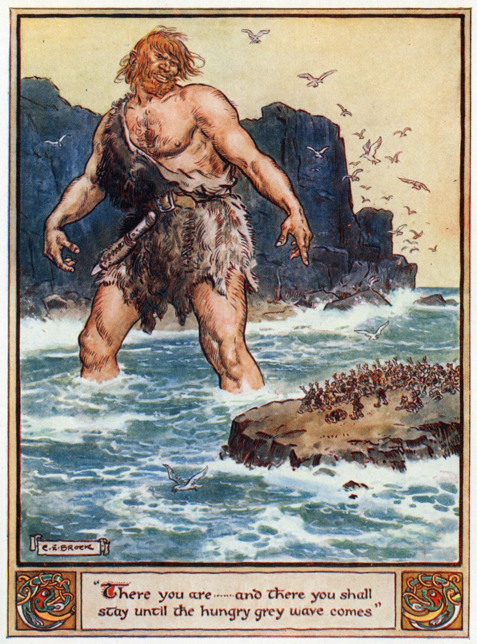 "Siinä olet... ja siellä tulet pysymään, kunnes nälkäinen harmaa aalto tulee", kuvitus teoksesta "Asgardin sankarit, Tales from Scandinavian Mythology", kirjoittanut A und E Keary, 1930 tekijältä Charles Edmund Brock