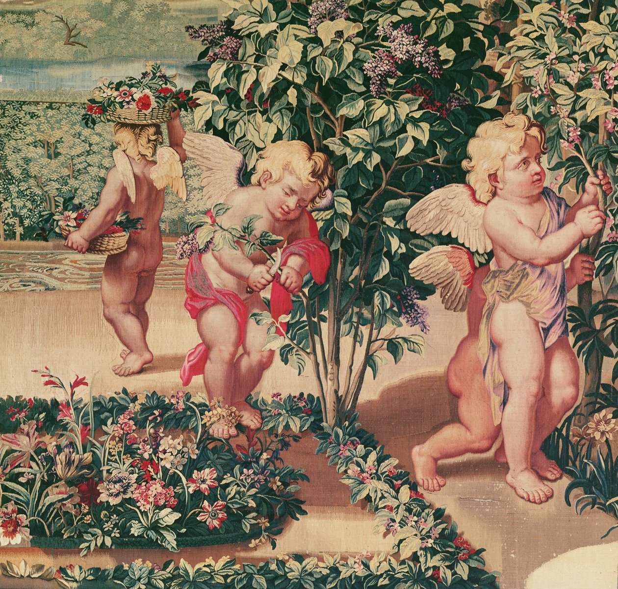 Lasten puutarhanhoito (Le Brunin sarjakuvan mukaan), kudottu Atelier des Gobelinsissa (villakudos) tekijältä Charles Le Brun