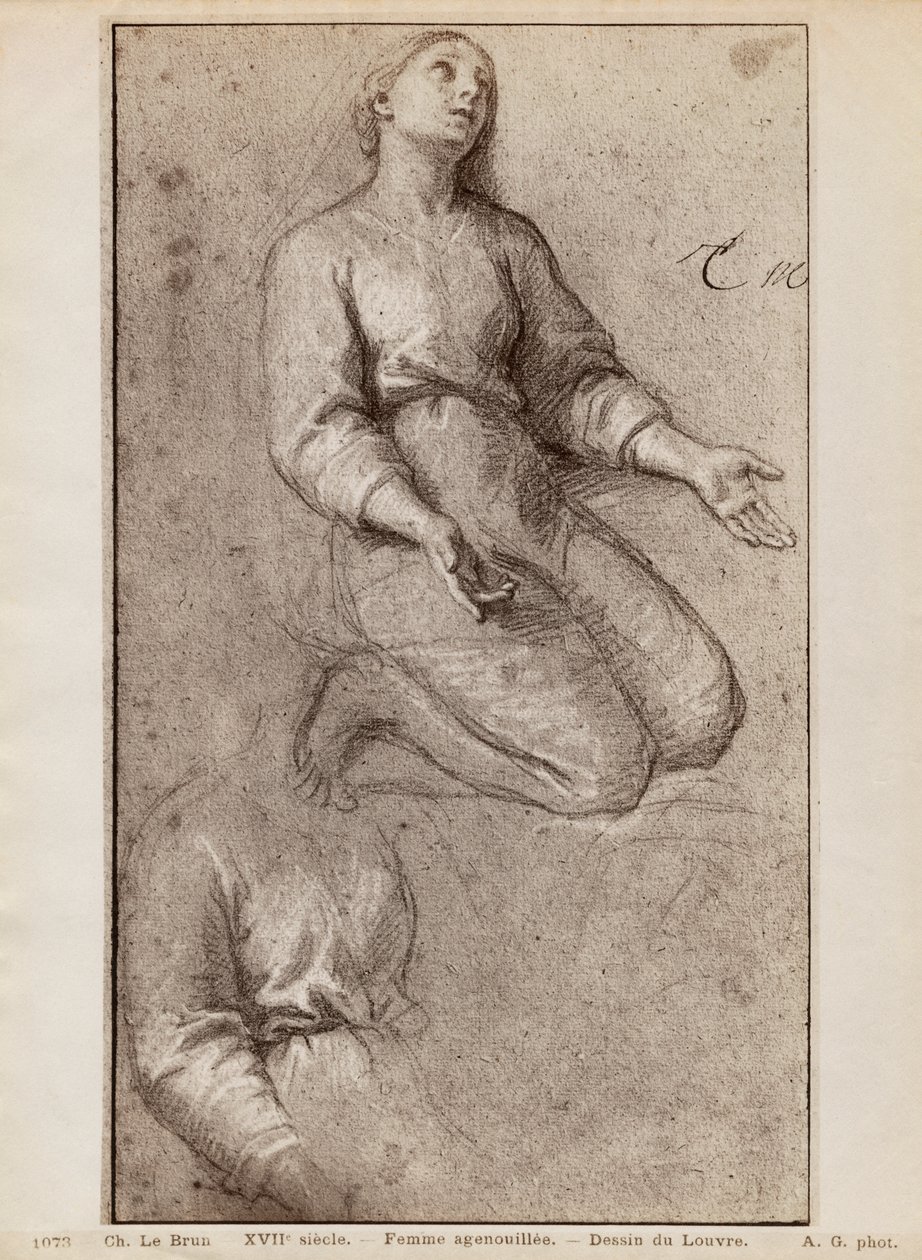 Polvistuva nainen, n. 1685 (pierre noire ja valkoiset liidut beigellä paperilla) tekijältä Charles Le Brun