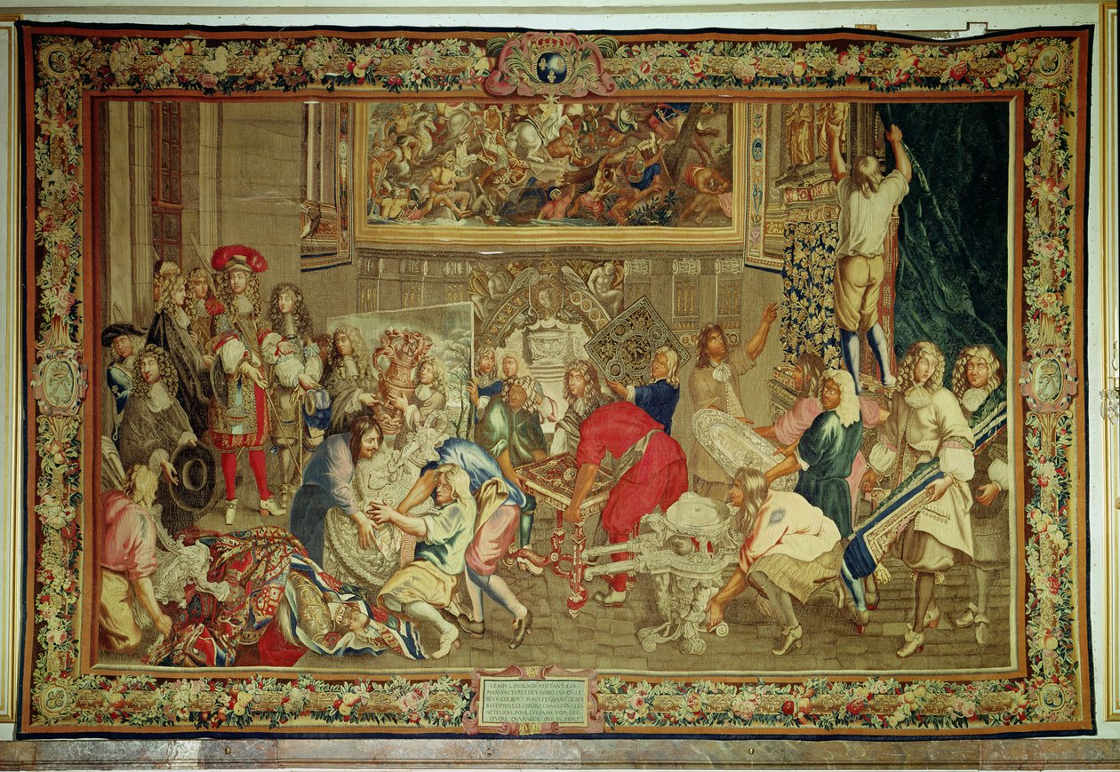 Ludvig XIV (1638-1715) vierailemassa Gobelinsin tehtaalla, 15. lokakuuta 1667 (kuvakudos) tekijältä Charles Le Brun