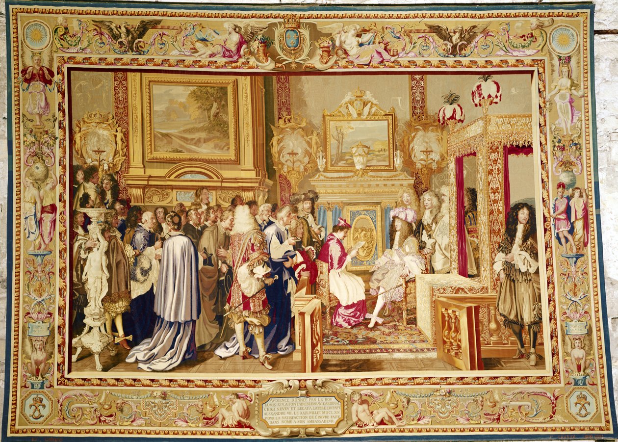 Kardinaali Chigin yleisö Louis XIV:n (1638-1715) kanssa Fontainebleaussa, 29. heinäkuuta 1664, Gobelins-tehdas (kuvakudos) tekijältä Charles Le Brun