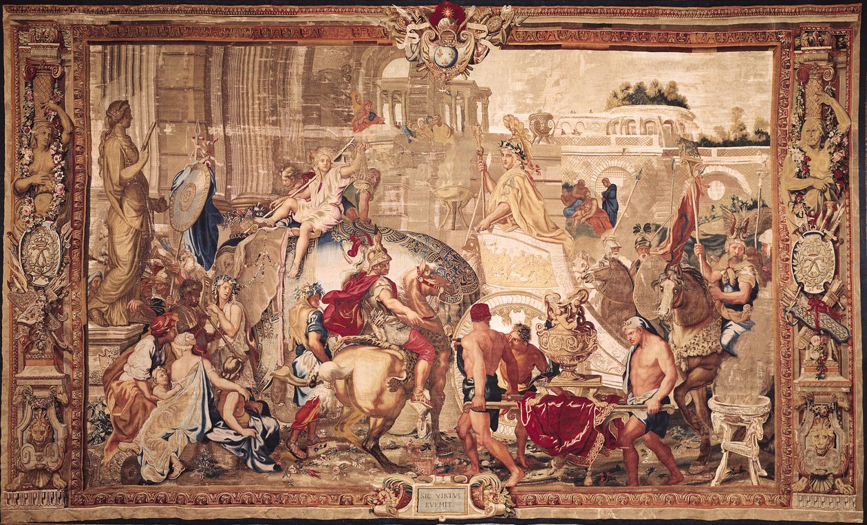 Aleksanteri III:n (356-323 eKr.) Suuren saapuminen Babyloniaan, Gobelins Workshop (kuvakudos). tekijältä Charles Le Brun