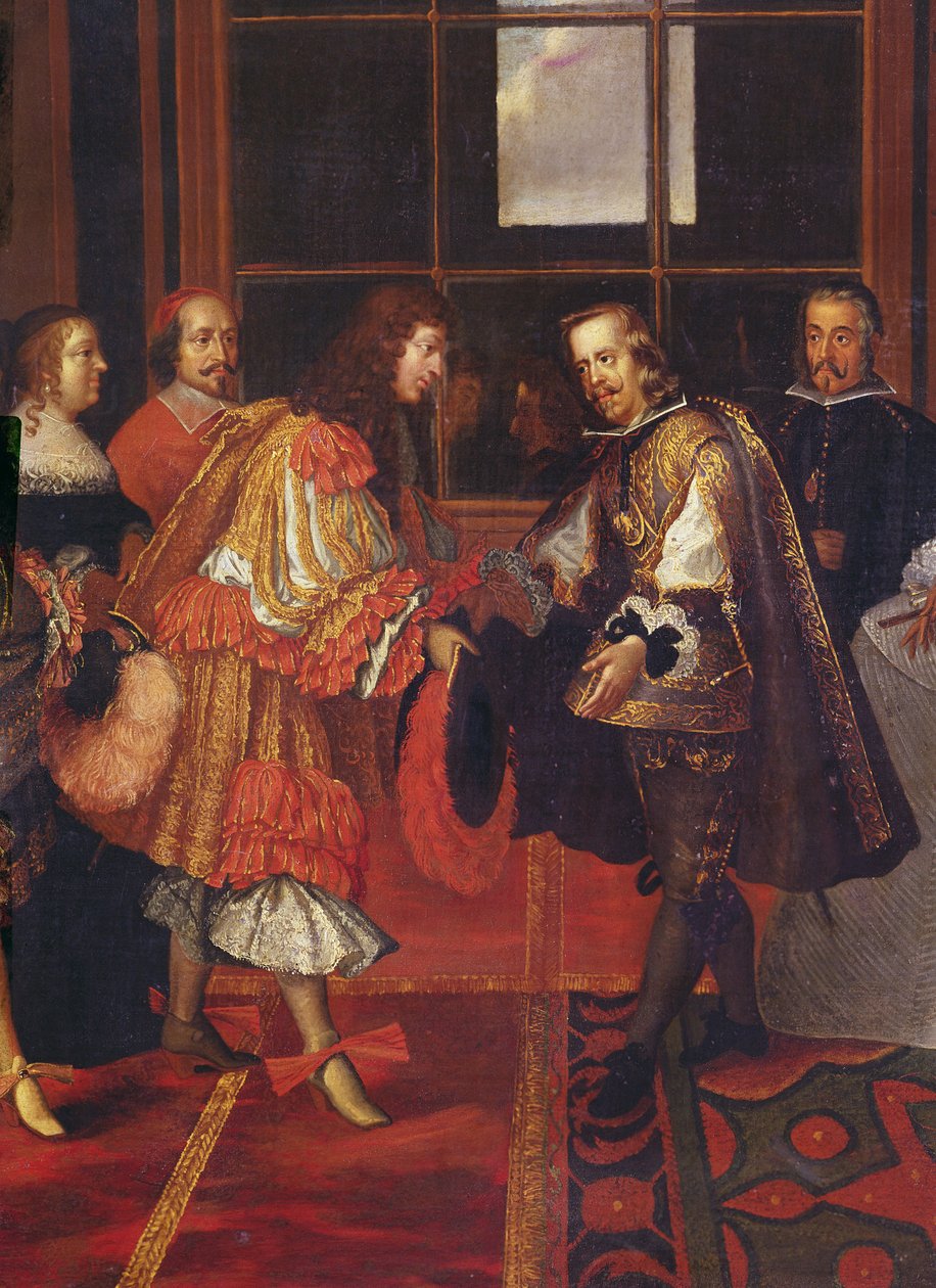 Ludvig XIV:n ja Philippe IV:n tapaaminen Ile des Faisansilla 7. kesäkuuta 1660 yksityiskohta Louis XIV:stä 1638-1715, Ranskan ja Navarran kuningas, hänen setänsä Philippe IV 1605-1665, Espanjan kuningas, taustalla tekijältä Charles Le Brun