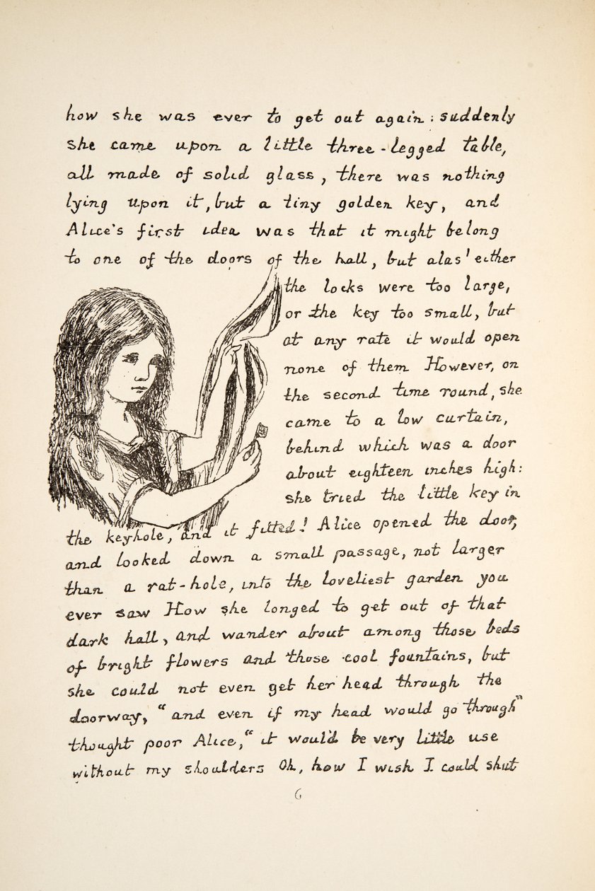 Alice löytää kultaisen avaimen, kuvituksen Alices Adventures Under Ground -pubista. 1886 (faksimile) tekijältä Charles Lutwidge Dodgson