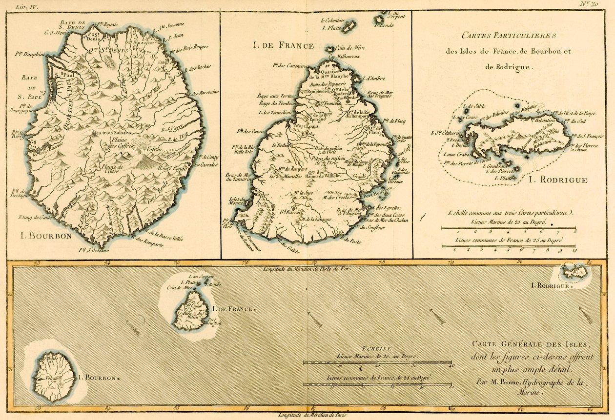 Rodriguezin saaret, Ranskan saari ja Bourbonin saari, Guillaume Raynalin (1713-96) vuonna 1780 julkaisemasta "Atlas de Toutes les Parties Connues du Globe Terrestre" -teoksesta. tekijältä Charles Marie Rigobert Bonne