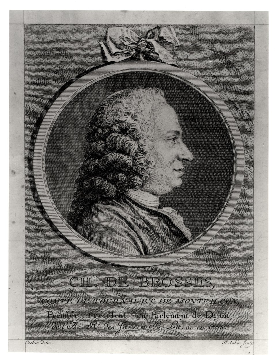 Charles de Brosses (1709-77), Tournain ja Montfauconin kreivi, kaiverrus Augustin de Saint-Aubin (1736-1807) tekijältä Charles Nicolas II Cochin