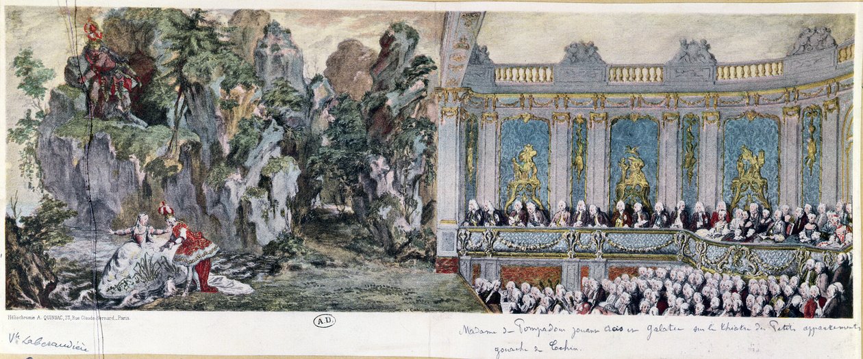 Jeanne Antoinette Poisson (1721-64), Marquise de Pompadour ja vicomte de Rohan näyttelevät oopperassa "Acis et Galatee" Theater des Petits Cabinetsissa Versailles