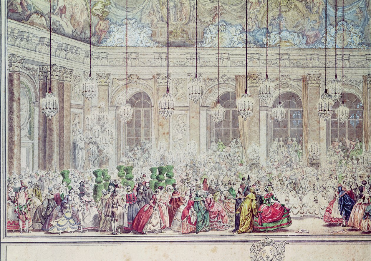 Naamiojuhla Galerie des Glacesissa Dauphinin ja Marie-Theresen häiden yhteydessä, 17. helmikuuta 1745 (kynä ja muste ja wc paperilla) (yksityiskohta) tekijältä Charles Nicolas II Cochin