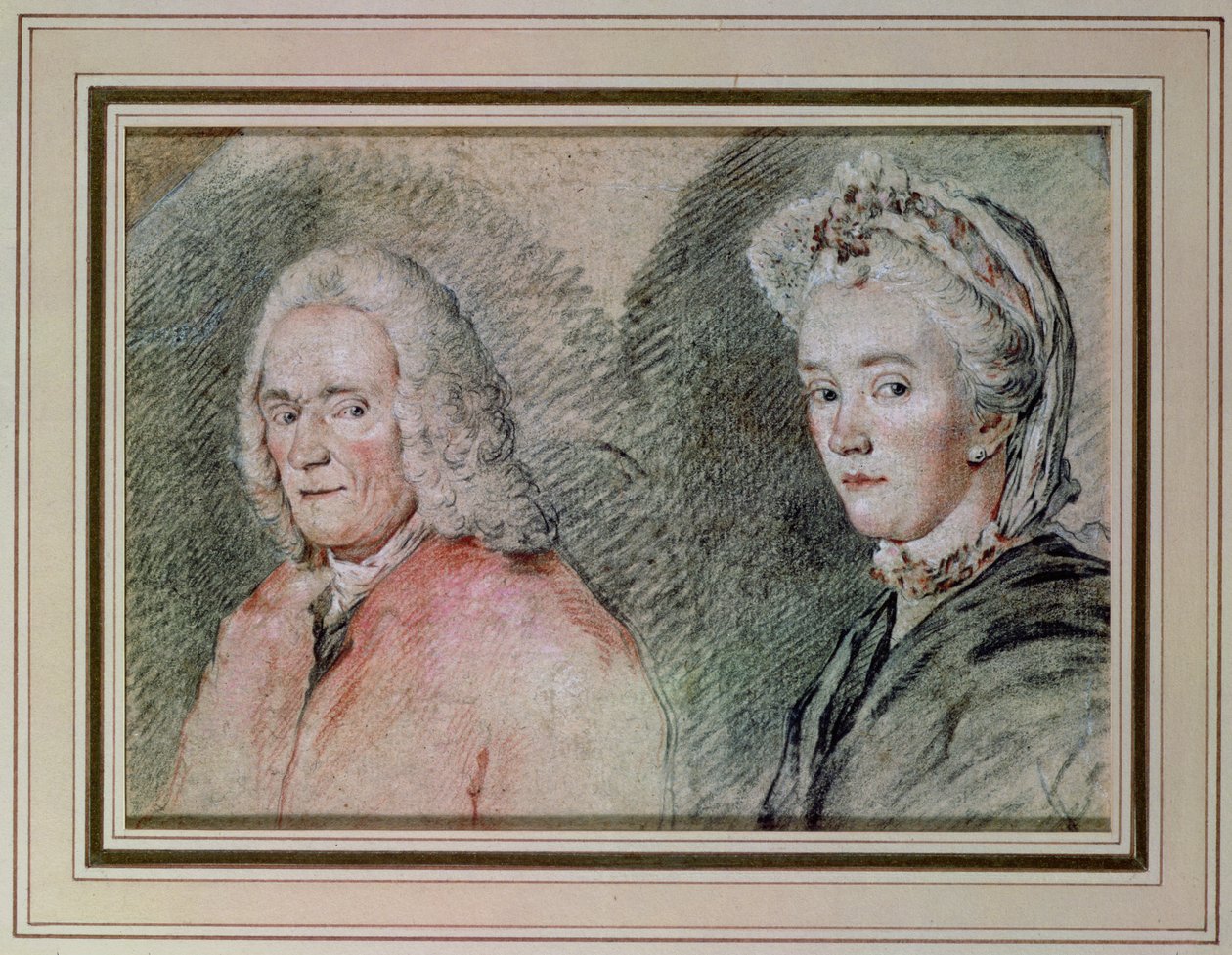 Voltaire (Francois Marie Arouet de Voltaire 1694-1778) ja Madame Denis (Marie-Louise Mignot Denis 1712-90), n. 1758-70 (kynä paperilla) tekijältä Charles Nicolas II Cochin