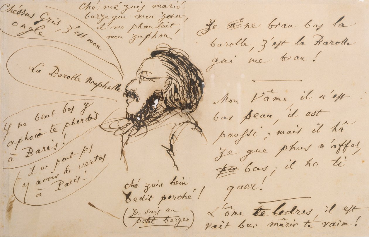Alexandre Weill (1811-99) puhuu "hölynpölyä" (kynä ja muste kuultopaperilla) tekijältä Charles Pierre Baudelaire