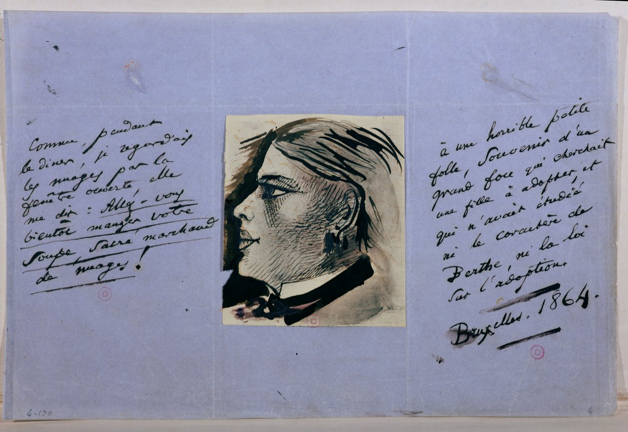 Käsikirjoitussivu, jossa muotokuva Berthesta, Baudelairen viimeisestä rakastajatarsta, Bryssel 1864 tekijältä Charles Pierre Baudelaire