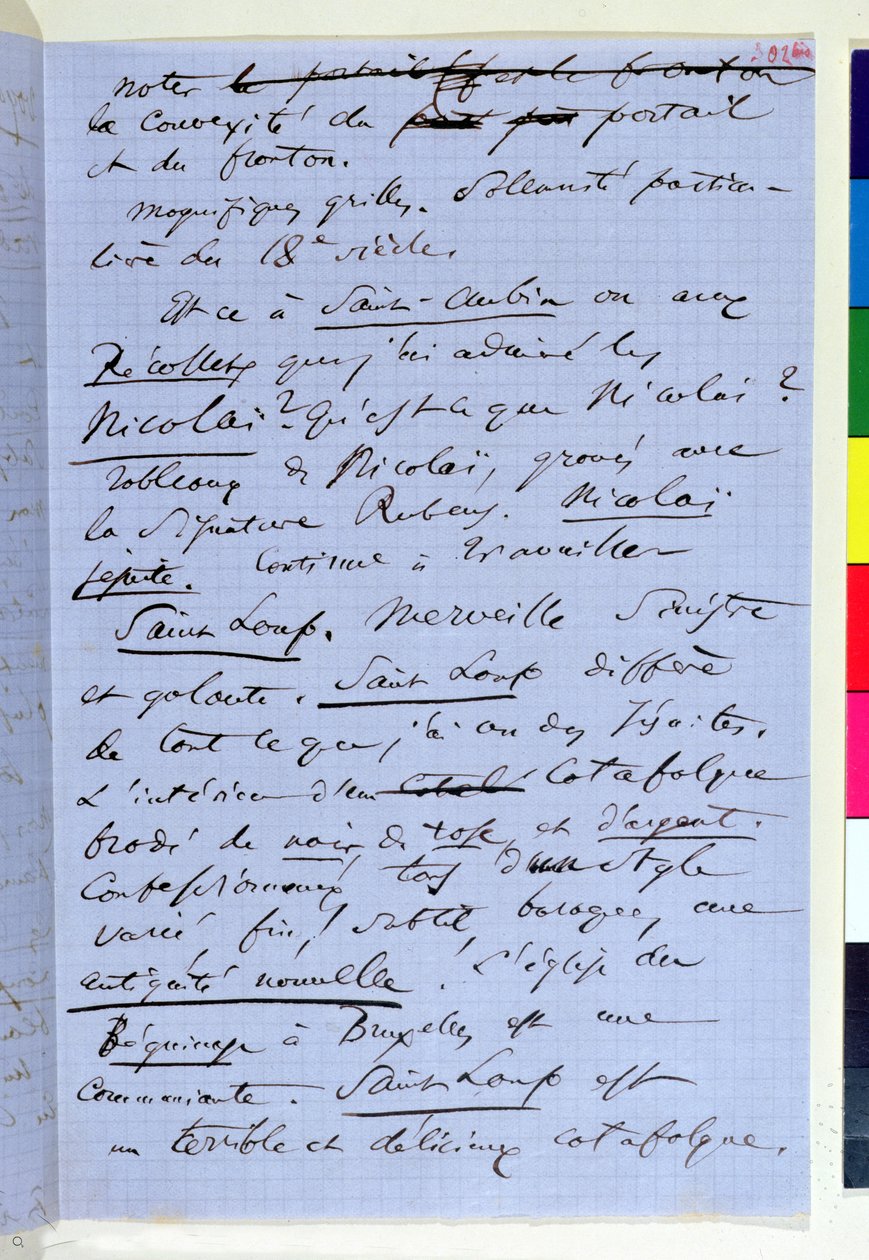 Sivu 302bis Baudelairen pamfletissa "Pauvre Belgique", jossa kuvataan hänen matkaansa Namuriin, 1864 (muste paperilla). tekijältä Charles Pierre Baudelaire