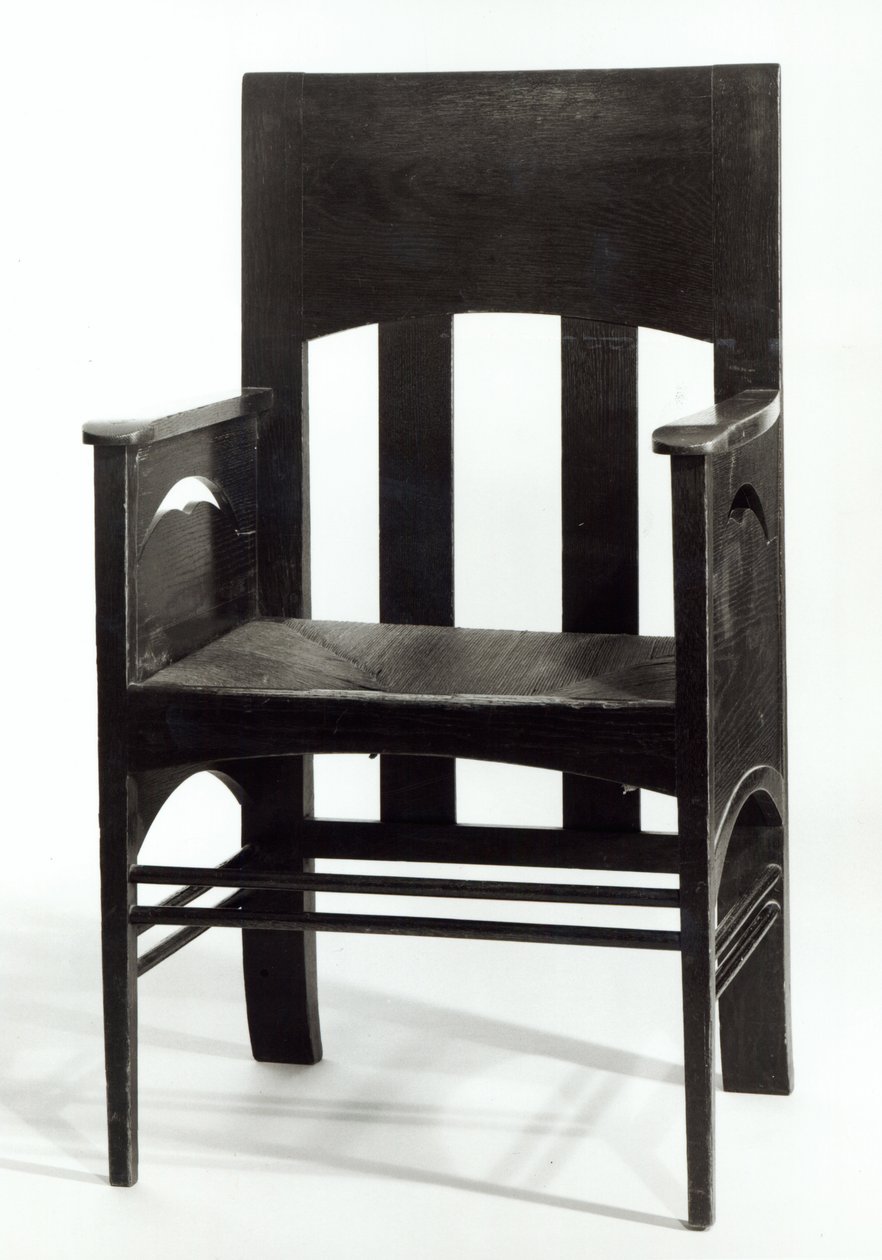 Nojatuoli, n.1897 (tummaksi värjätty tammi, istuin ruohoa ja lävistetyt sivupaneelit). tekijältä Charles Rennie Mackintosh