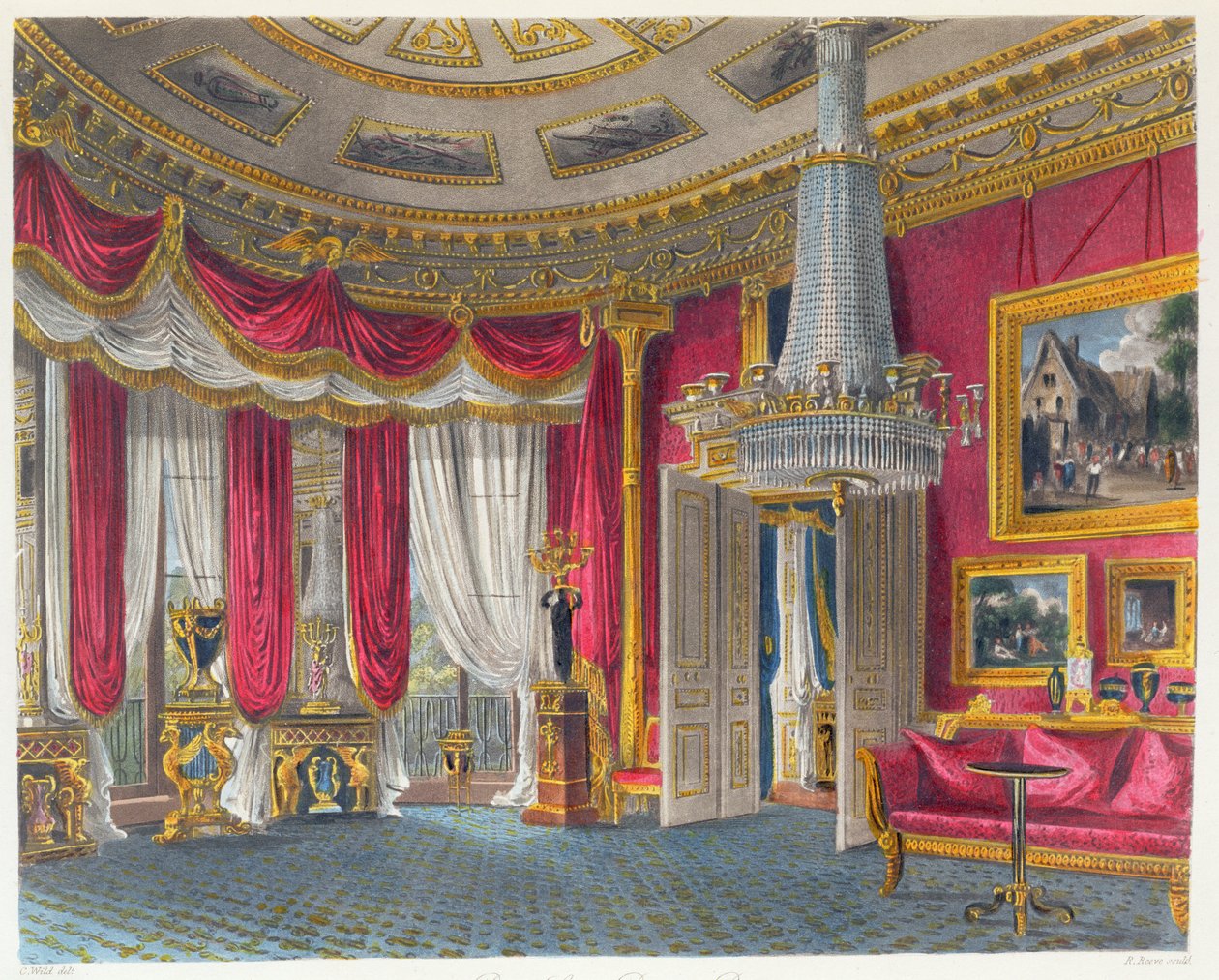 Rose Satin -piirustussali, Carlton House, lounaaseen päin, kaiverrettu R. Reeve (1811-37), William Henry Pynen (1769-1843) teoksesta "The History of the Royal Residences", pub. 1819 (akvatintta) tekijältä Charles Wild