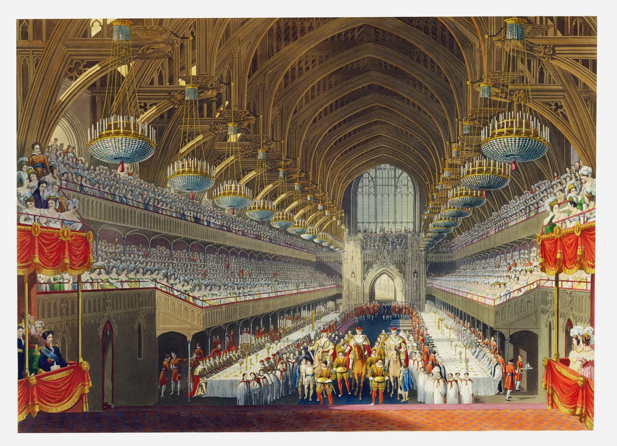 The Royal Banquet, First Course, albumilta, jolla juhlittiin kuningas Yrjö IV:n (1762-1830) kruunajaista 19. heinäkuuta 1821, kaiverrettu William James Bennett (1787-1844), julkaistu 1824 tekijältä Charles Wild